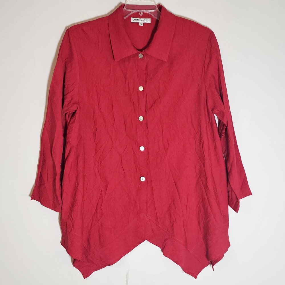 Christopher Calvin Shirt Womens Large‎ Button Up Asymmetric Hem Made USA Rayon